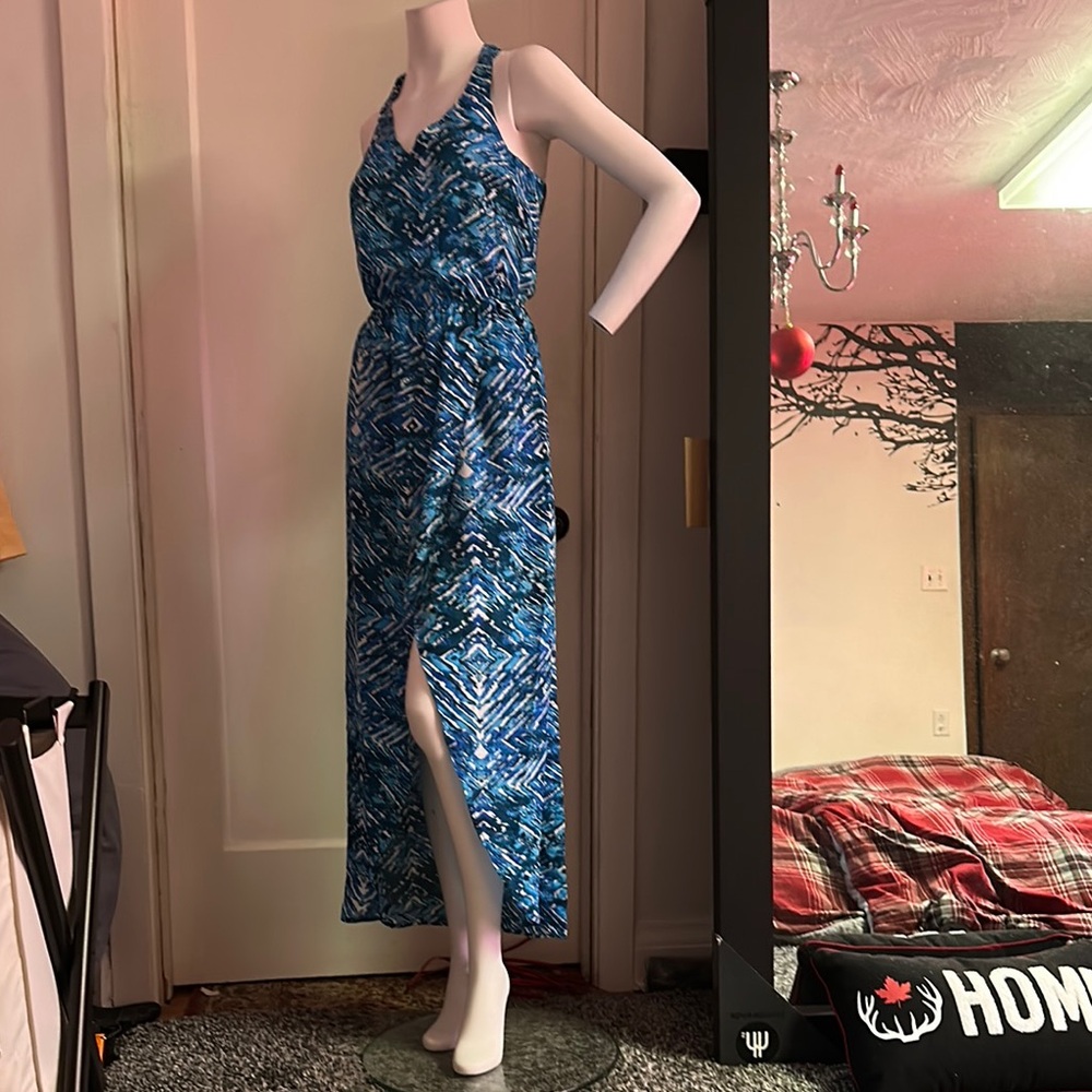 Forever 21 Blue white Halter Maxi Sundress Asymmetrical high low open back sexy